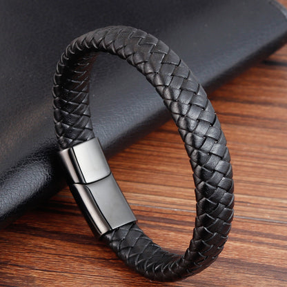 Stainless steel leather braided bracelet